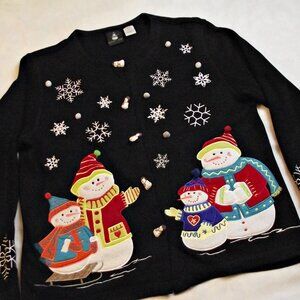 Sport Elle Womens Christmas Cardigan Sweater Snowmen Snowflakes Lg